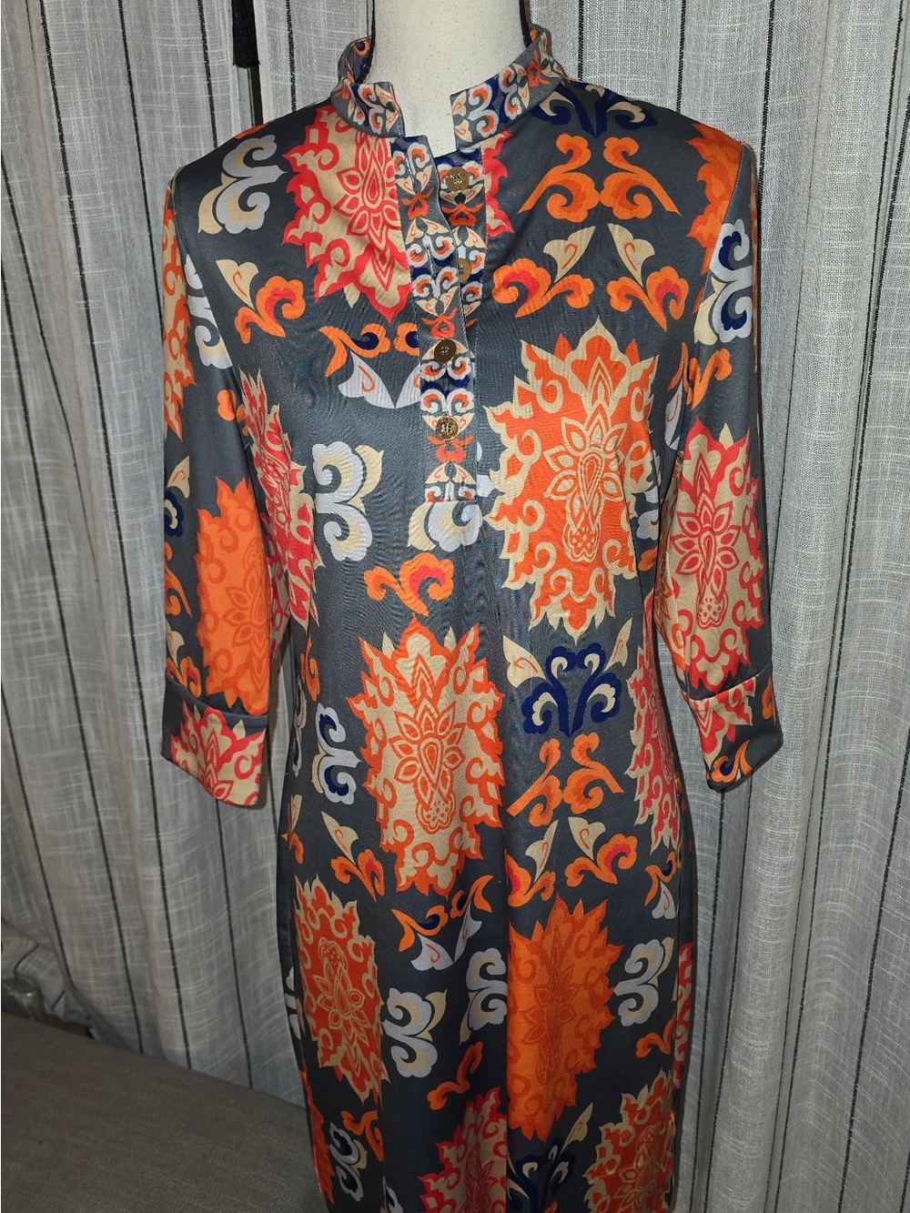 Gretchen Scott Designs Navy Midi Dress with Bold Orange and Cream Pattern